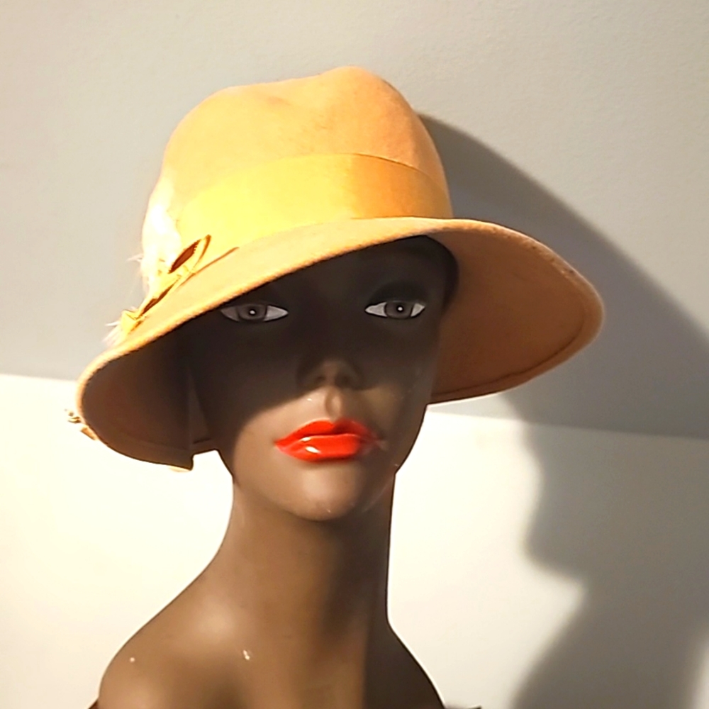 Miss Bierner Designer Hat, Tan w/Asymmetrical Brim, Feather & Ribbon Band